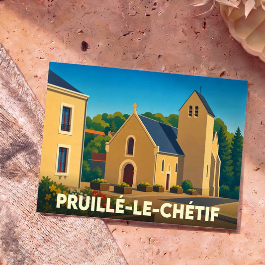 Carte postale souvenir de la ville de Pruillé-le-Chétif avec une illustration stylisée de son église et de ses bâtiments.