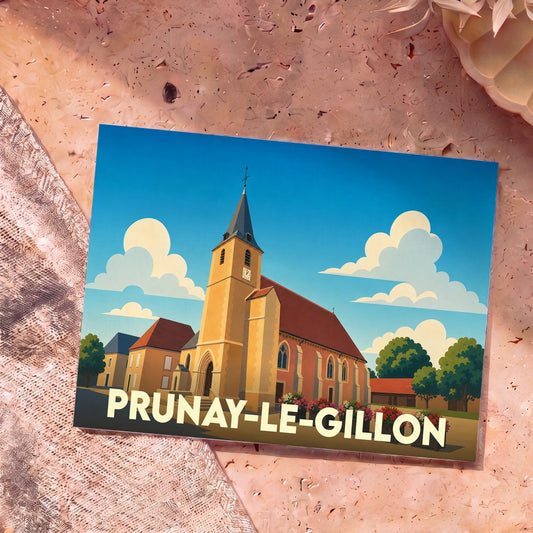 Carte postale souvenir de la ville de Prunay-le-Gillon avec une illustration stylisée de son église.