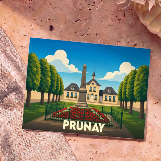Carte postale souvenir de la ville de Prunay illustrant son monument aux morts et l'hôtel de ville dans un style graphique épuré.