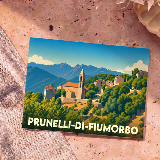Carte postale souvenir de la ville de Prunelli-di-Fiumorbo avec une illustration stylisée d'un village corse en montagne.