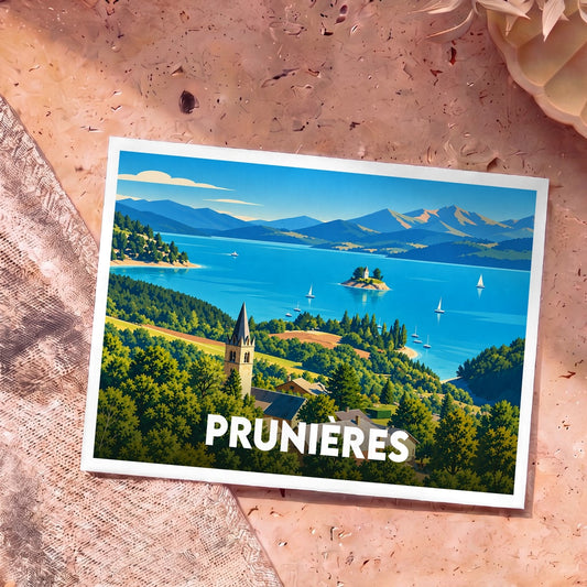 Carte postale souvenir de la ville de Prunières avec une illustration stylisée d'un lac de montagne.