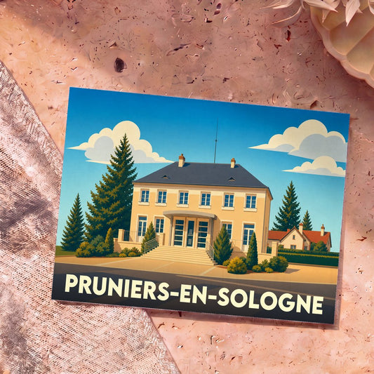Carte postale souvenir de la ville de Pruniers-en-Sologne avec une illustration stylisée de sa mairie.