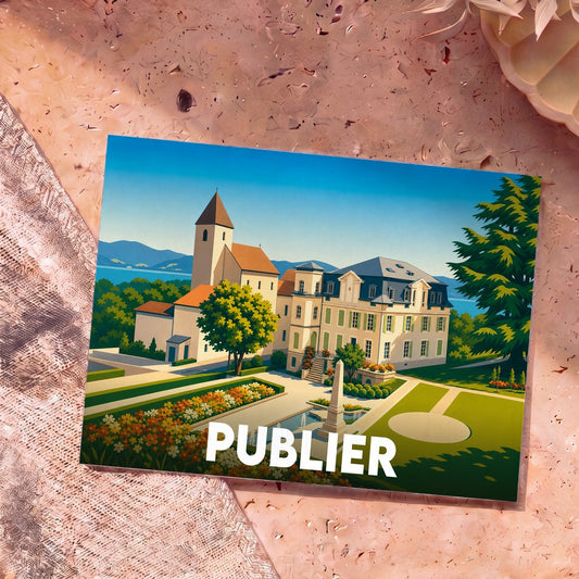 Carte postale souvenir de la ville de Publier avec une illustration stylisée de son patrimoine et de ses jardins.