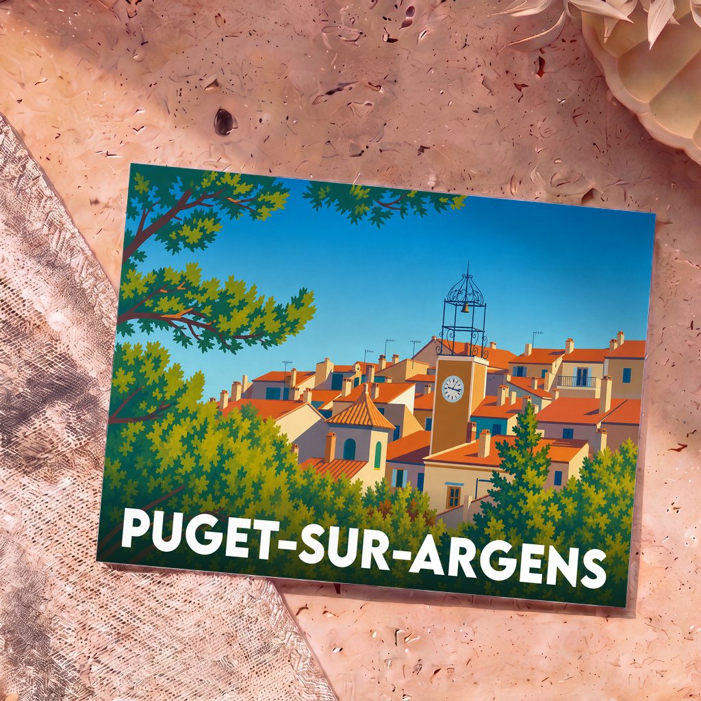 Carte postale souvenir de la ville de Puget-sur-Argens avec une illustration stylisée de ses toits provençaux et de son clocher.