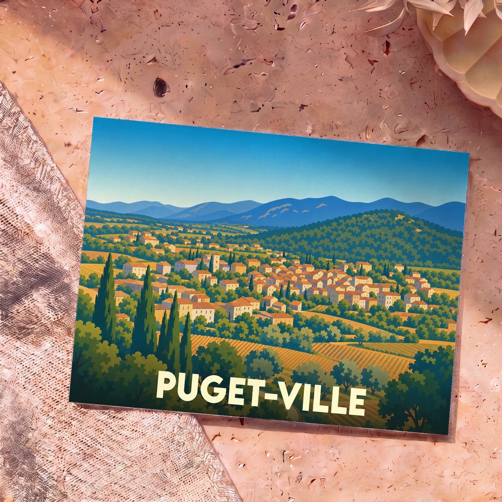 Carte postale souvenir de Puget-Ville avec une illustration stylisée d'un village provençal niché dans une vallée.