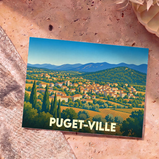 Carte postale souvenir de Puget-Ville avec une illustration stylisée d'un village provençal niché dans une vallée.