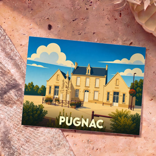 Carte postale souvenir de la ville de Pugnac avec une illustration stylisée de sa mairie.