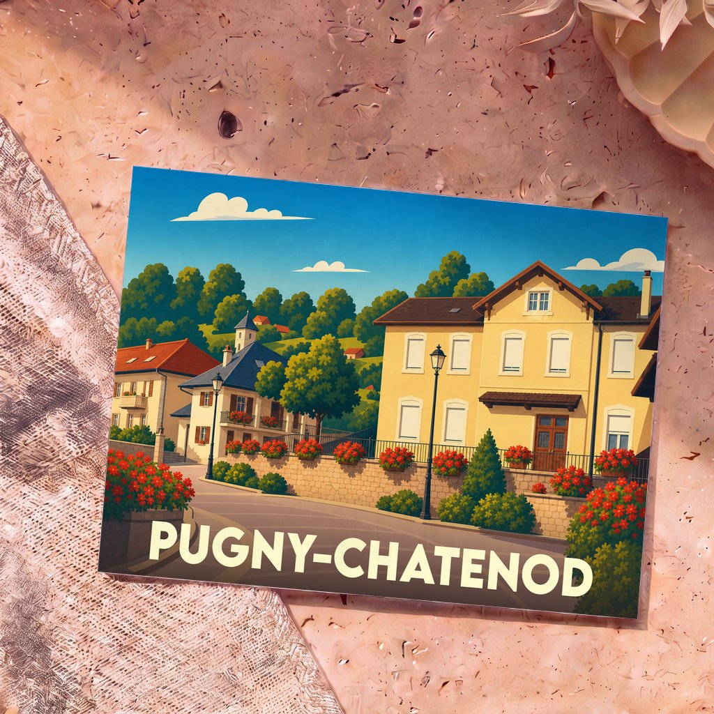 Carte postale souvenir de la ville de Pugny-Chatenod avec une illustration stylisée et colorée.