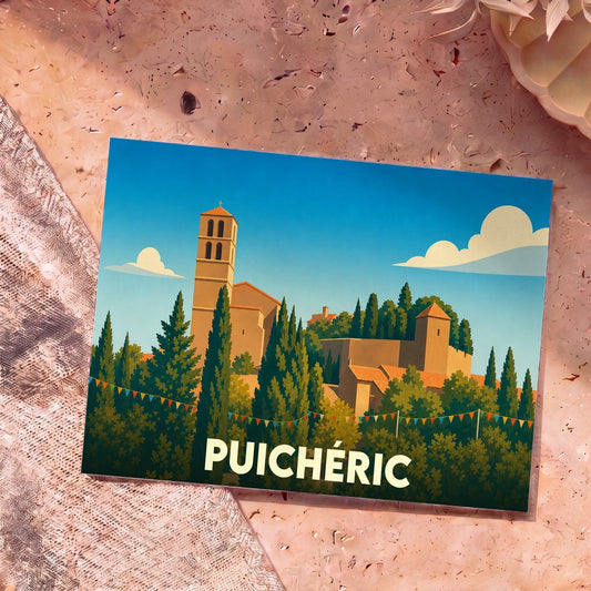 Carte postale souvenir de la ville de Puichéric avec une illustration stylisée de son église et de son château.