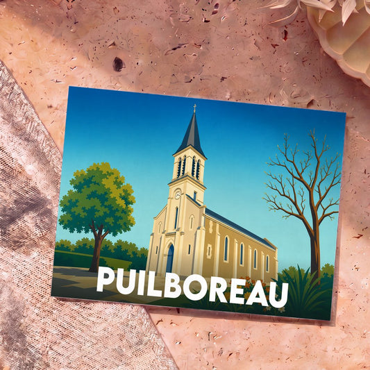 Carte postale souvenir de la ville de Puilboreau avec une illustration stylisée d'une église.