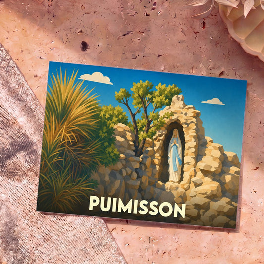 Carte postale souvenir de la ville de Puimisson représentant une illustration stylisée de la statue de la Vierge dans une grotte de pierre.