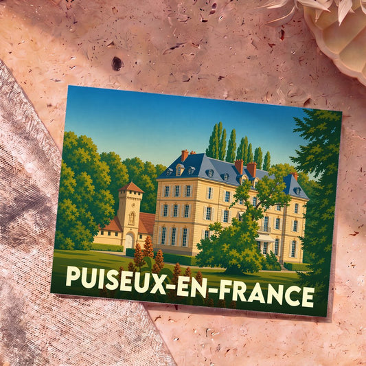 Carte postale souvenir de la ville de Puiseux-en-France avec une illustration stylisée d'un château.