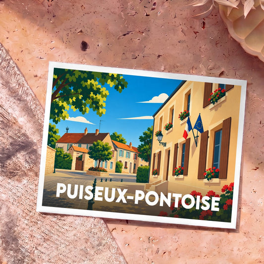 Carte postale souvenir de la ville de Puiseux-Pontoise avec une illustration stylisée d'une rue ensoleillée.