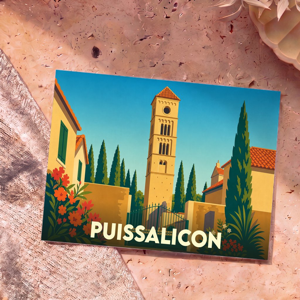 Carte postale souvenir de la ville de Puissalicon illustrant sa tour romane dans un style graphique et coloré.