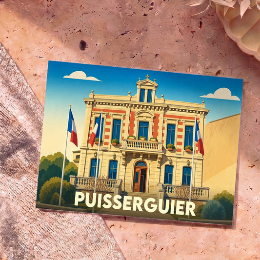 Carte postale souvenir de la ville de Puisserguier présentant une illustration stylisée de son hôtel de ville sous un ciel bleu.