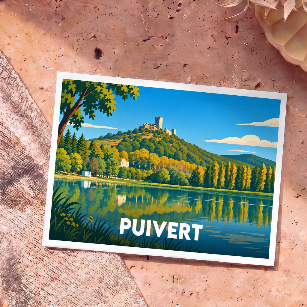 Carte postale souvenir de la ville de Puivert illustrant son château et son lac dans un style graphique coloré.