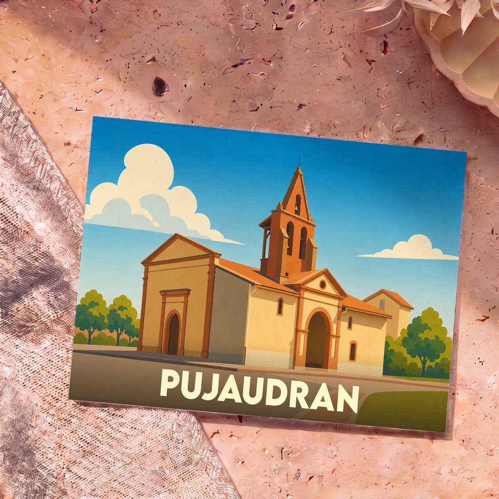 Carte postale souvenir de la ville de Pujaudran avec une illustration stylisée de son église.