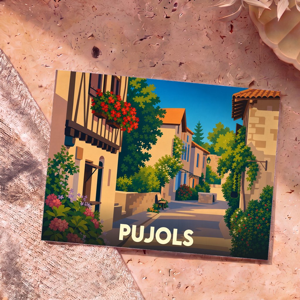 Carte postale souvenir de la ville de Pujols avec une illustration colorée et stylisée d'une ruelle ensoleillée.