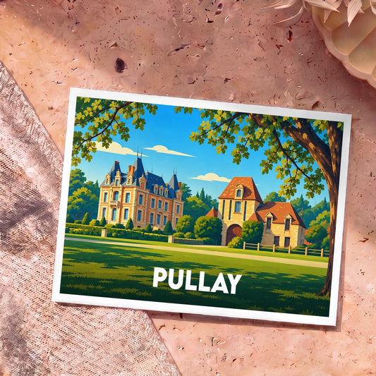 Carte postale souvenir de la ville de Pullay avec une illustration stylisée d'un château.