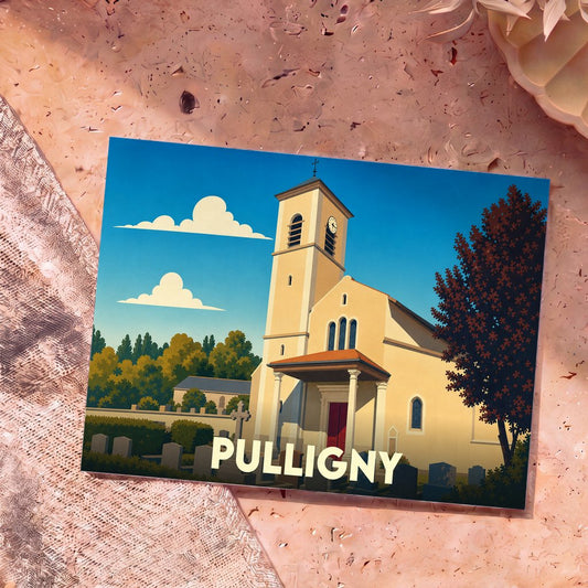 Carte postale souvenir de la ville de Pulligny avec une illustration stylisée de son église et de son cimetière.