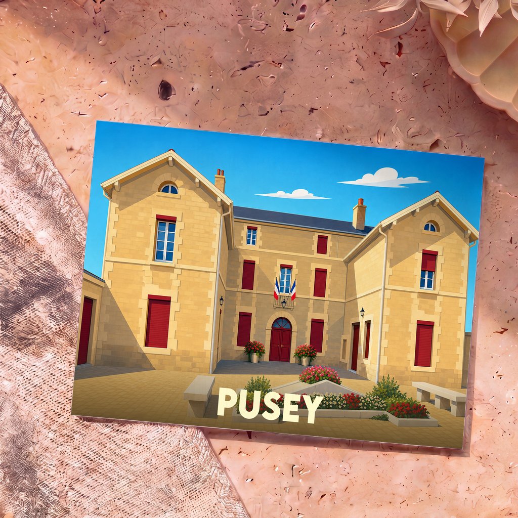 Carte postale souvenir de la ville de Pusey illustrant sa mairie dans un style graphique épuré.