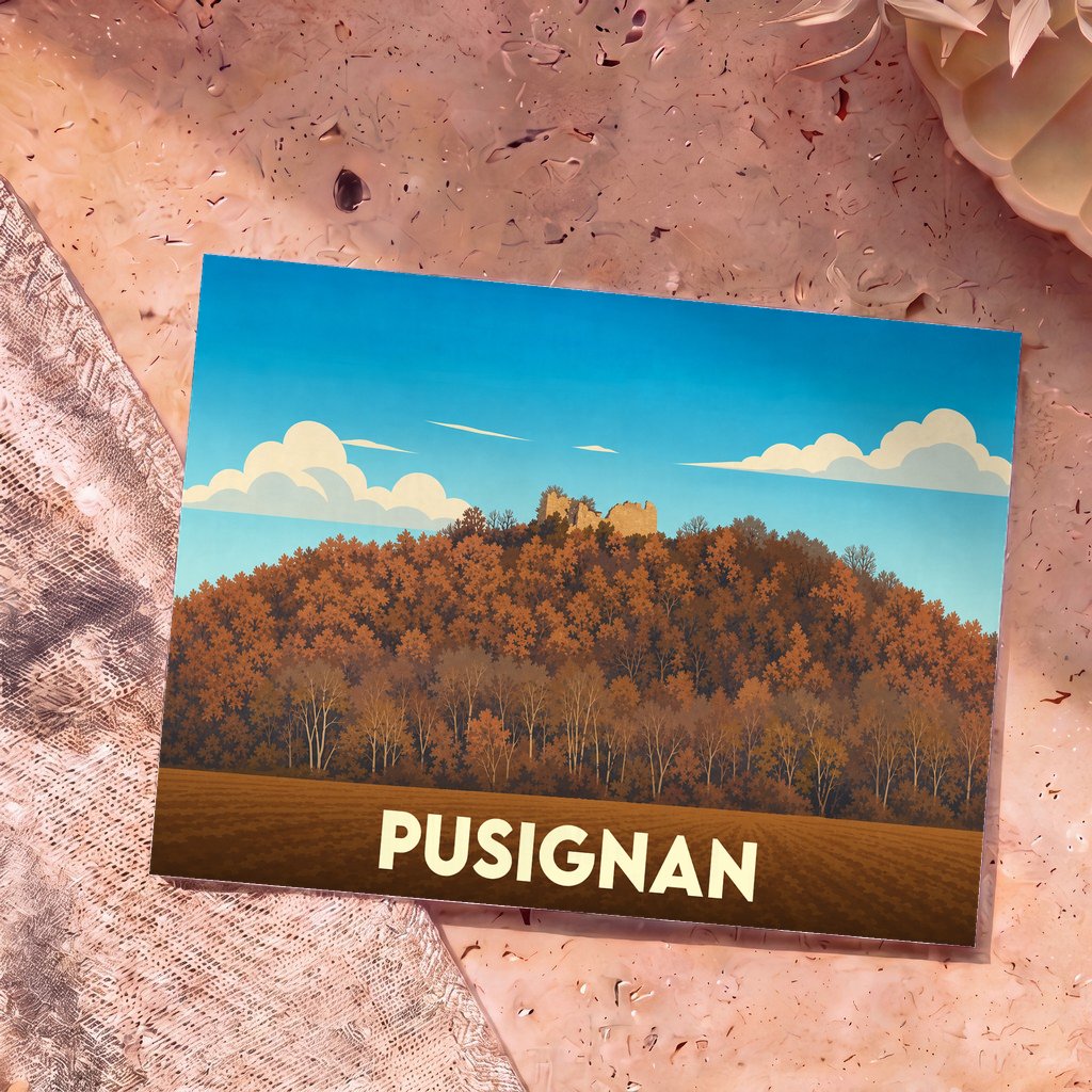 Carte postale souvenir de la ville de Pusignan illustrant les ruines de son château sur une colline boisée aux couleurs automnales.