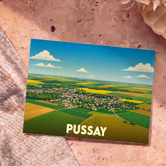 Carte postale souvenir de la ville de Pussay avec une vue aérienne illustrée et colorée.