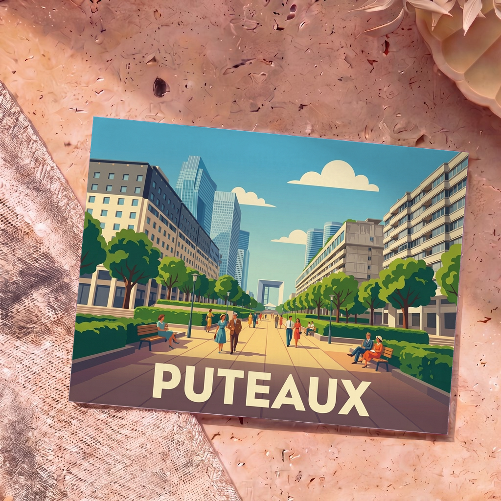 Carte postale souvenir de la ville de Puteaux avec une illustration stylisée du quartier de La Défense.