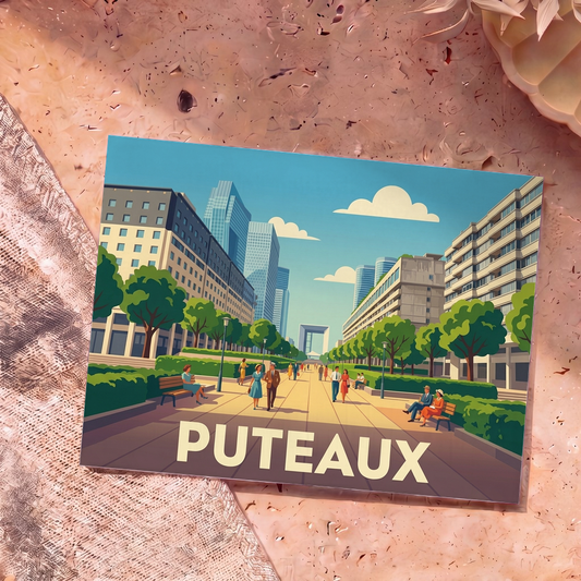 Carte postale souvenir de la ville de Puteaux avec une illustration stylisée du quartier de La Défense.