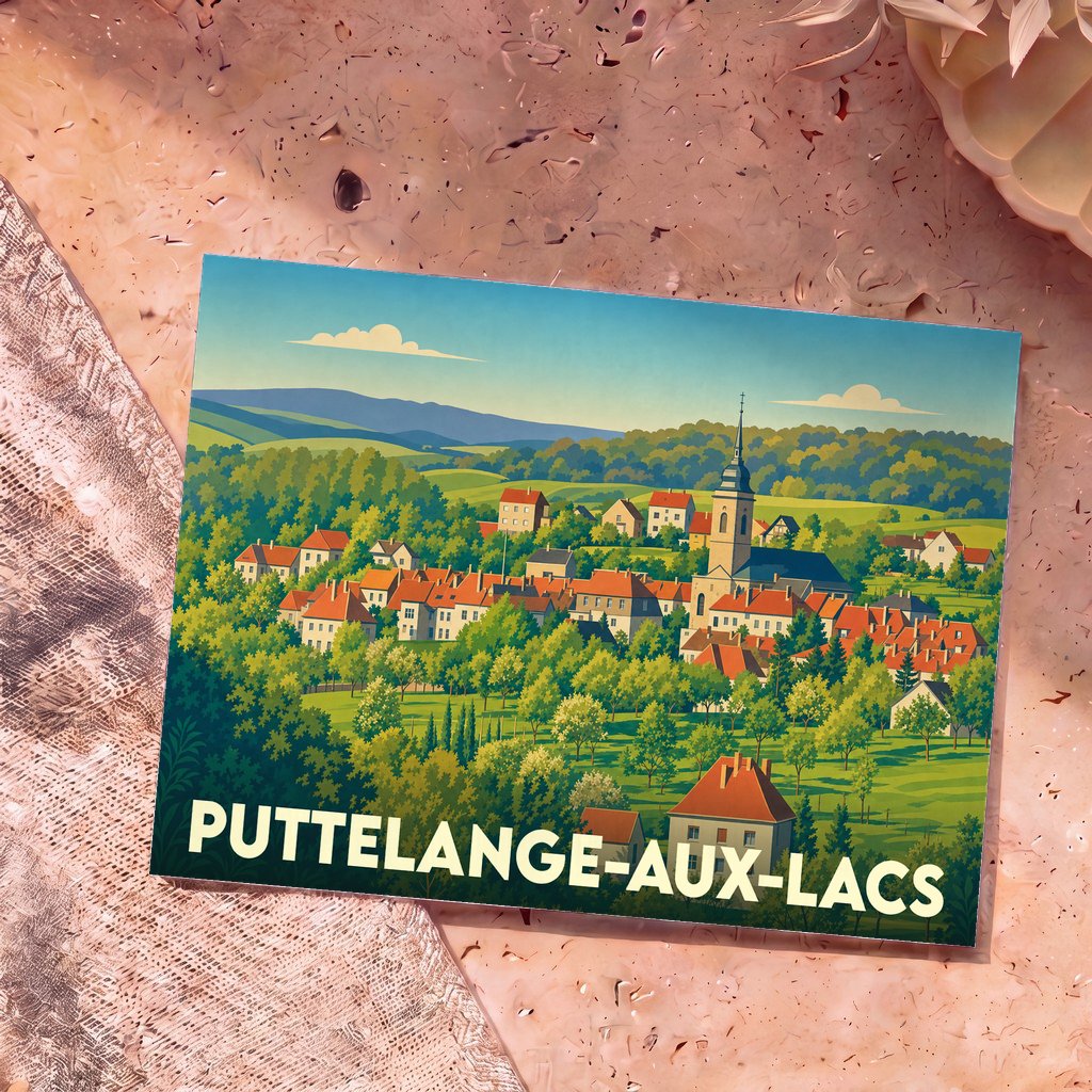 Carte postale souvenir de la ville de Puttelange-aux-Lacs avec une illustration stylisée d'un village verdoyant.