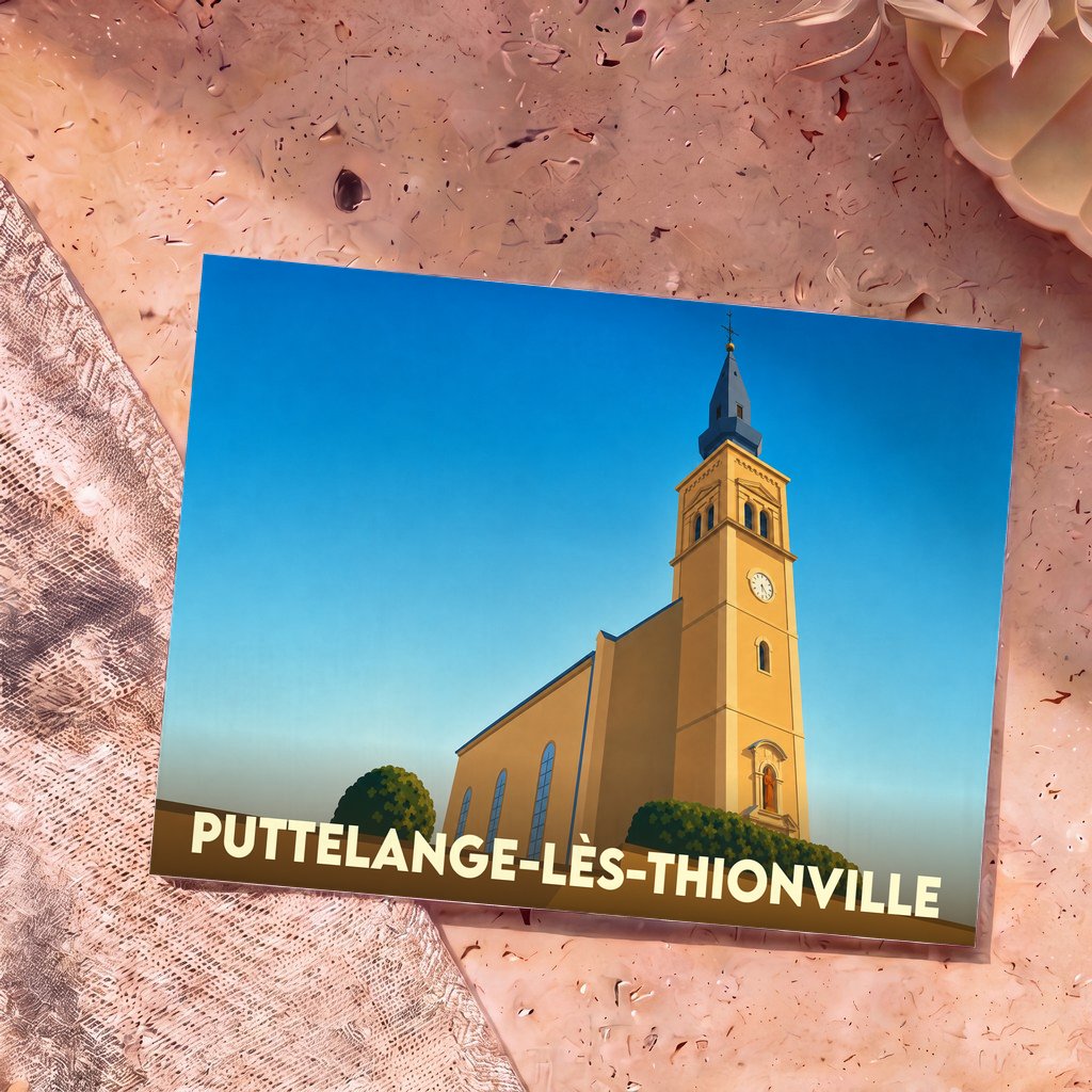 Carte postale souvenir de la ville de Puttelange-lès-Thionville avec une illustration stylisée de son église.