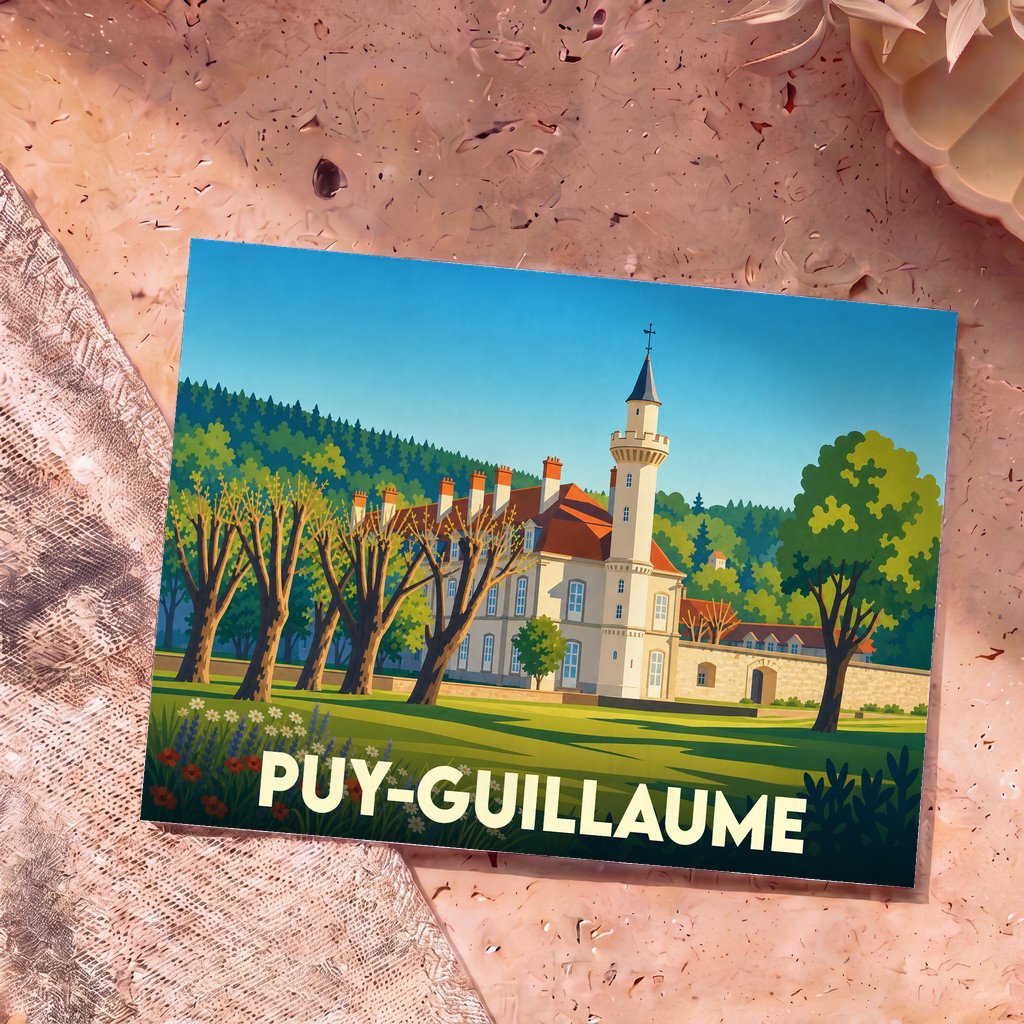 Carte postale souvenir de la ville de Puy-Guillaume avec une illustration stylisée de son château.