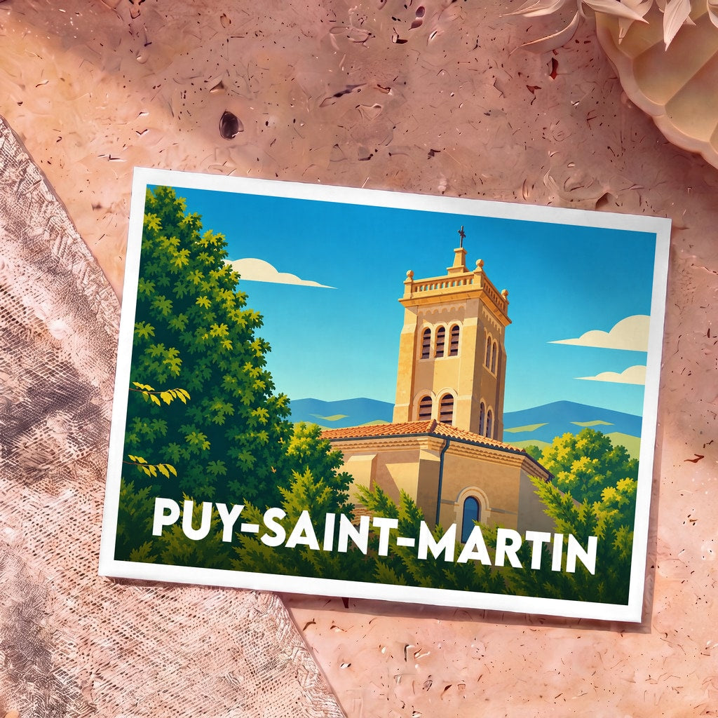 Carte postale souvenir de la ville de Puy-Saint-Martin avec une illustration stylisée de son église.