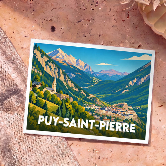 Carte postale souvenir de la ville de Puy-Saint-Pierre illustrant un paysage de montagne coloré.