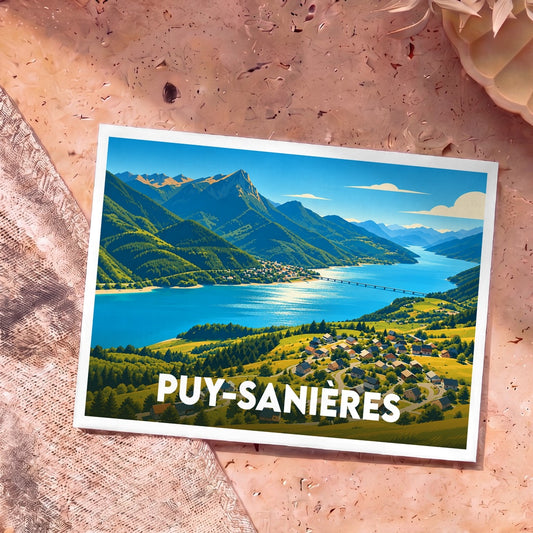 Carte postale souvenir de la ville de Puy-Sanières avec une illustration stylisée des montagnes et du lac de Serre-Ponçon.