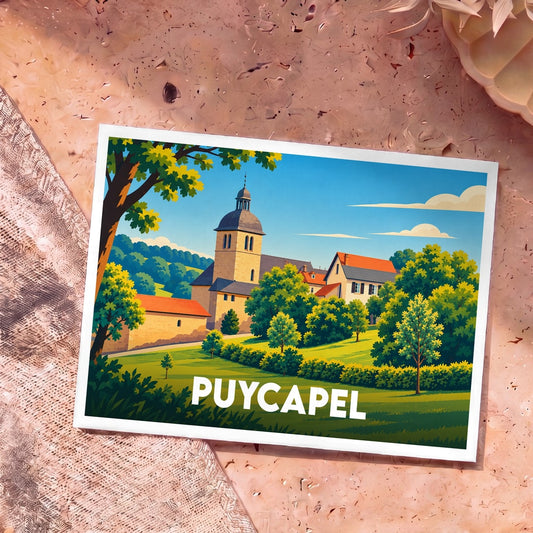 Carte postale souvenir de la ville de Puycapel avec une illustration stylisée et colorée de son église et de ses paysages.