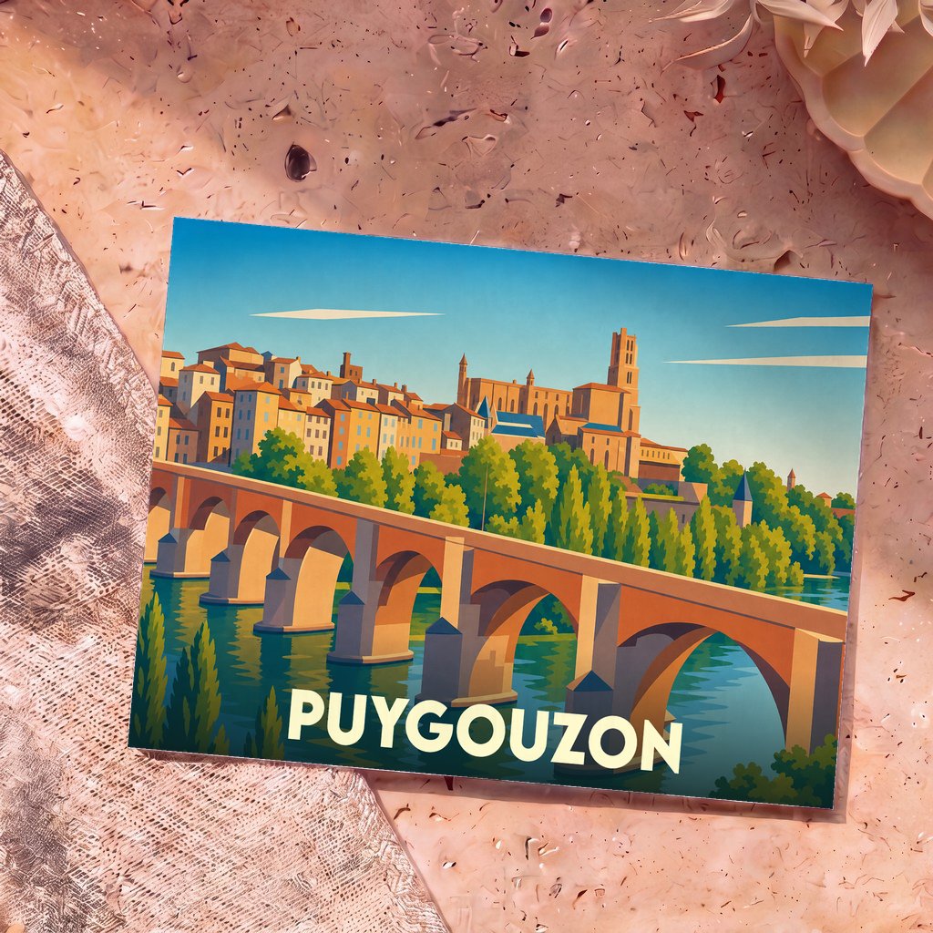 Carte postale souvenir de la ville de Puygouzon avec une illustration stylisée d'un pont et d'une cathédrale.