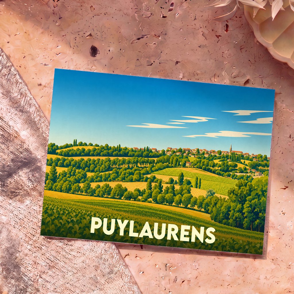 Carte postale souvenir de la ville de Puylaurens avec une illustration stylisée de son paysage vallonné.
