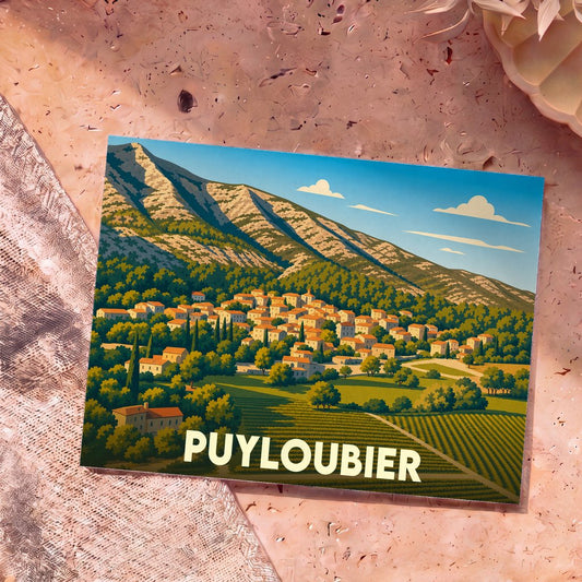 Carte postale souvenir de la ville de Puyloubier avec une illustration stylisée d'un village provençal au pied de la montagne.
