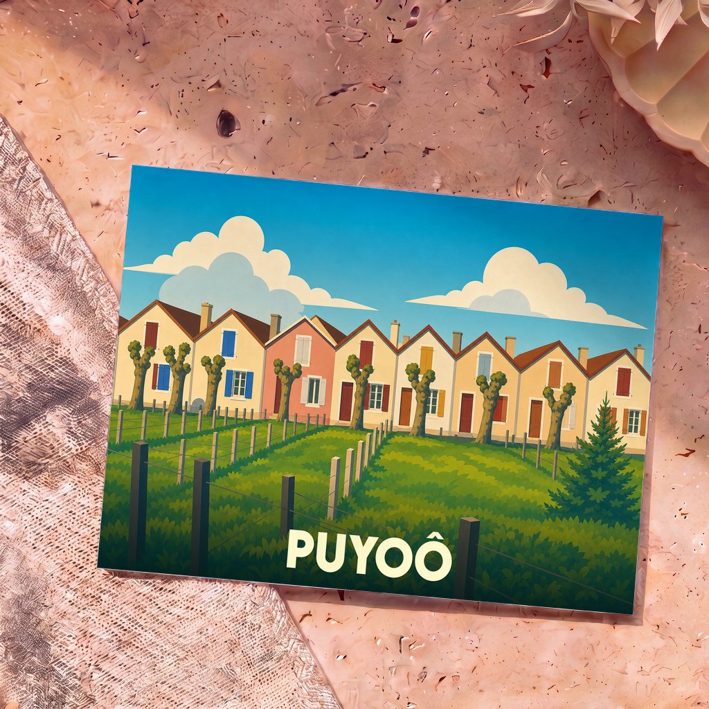 Carte postale souvenir de la ville de Puyoô avec une illustration stylisée de maisons colorées et de collines verdoyantes.