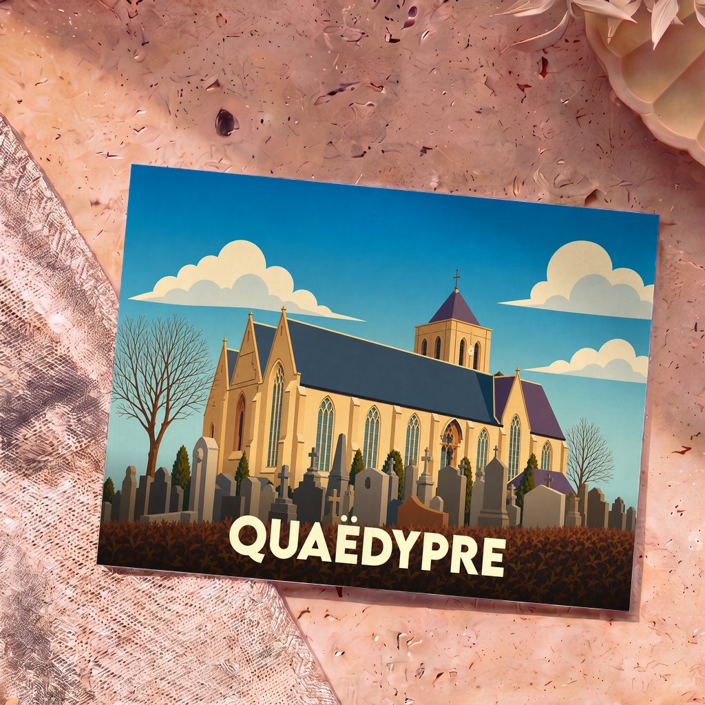 Carte postale souvenir de la ville de Quaëdypre illustrant son église et son cimetière dans un style graphique épuré.