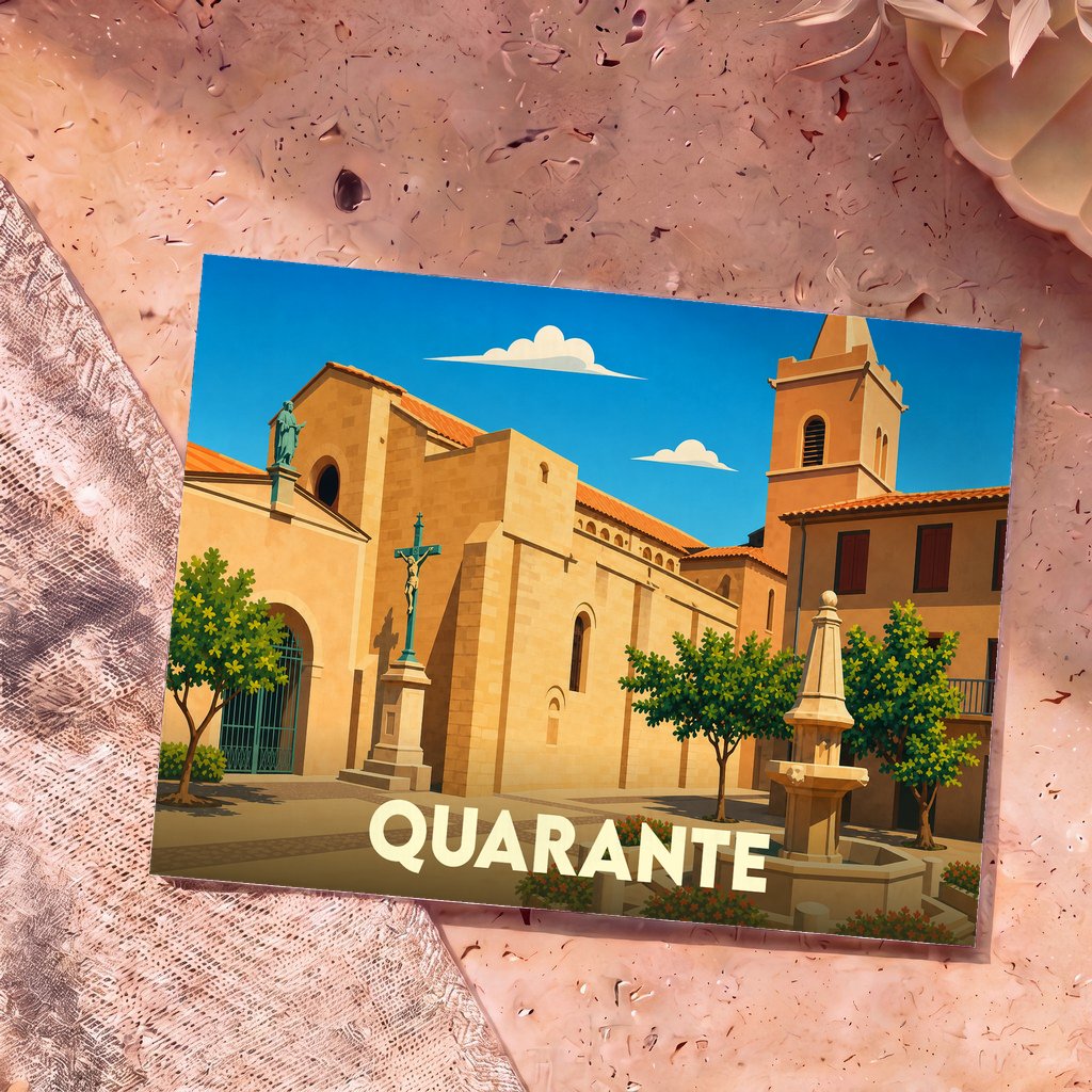 Carte postale souvenir de la ville de Quarante avec une illustration stylisée de son église et d'une fontaine.