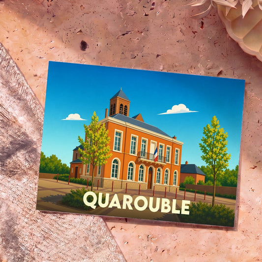 Carte postale souvenir de la ville de Quarouble avec une illustration stylisée de son hôtel de ville.
