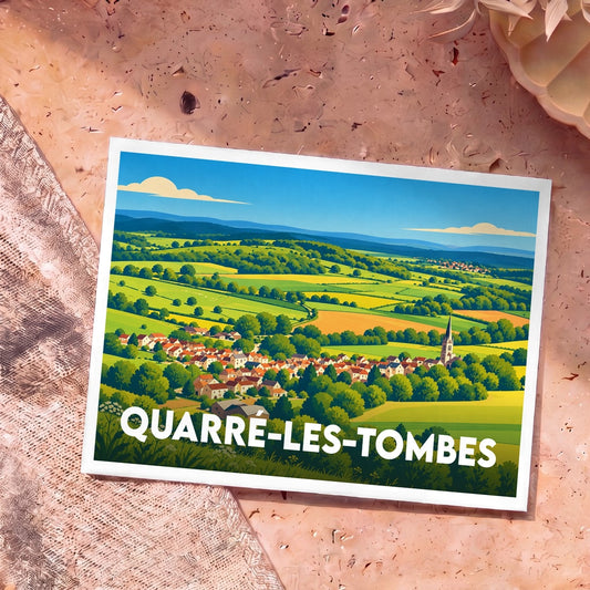Carte postale souvenir de la ville de Quarré-les-Tombes avec une illustration de paysage champêtre.