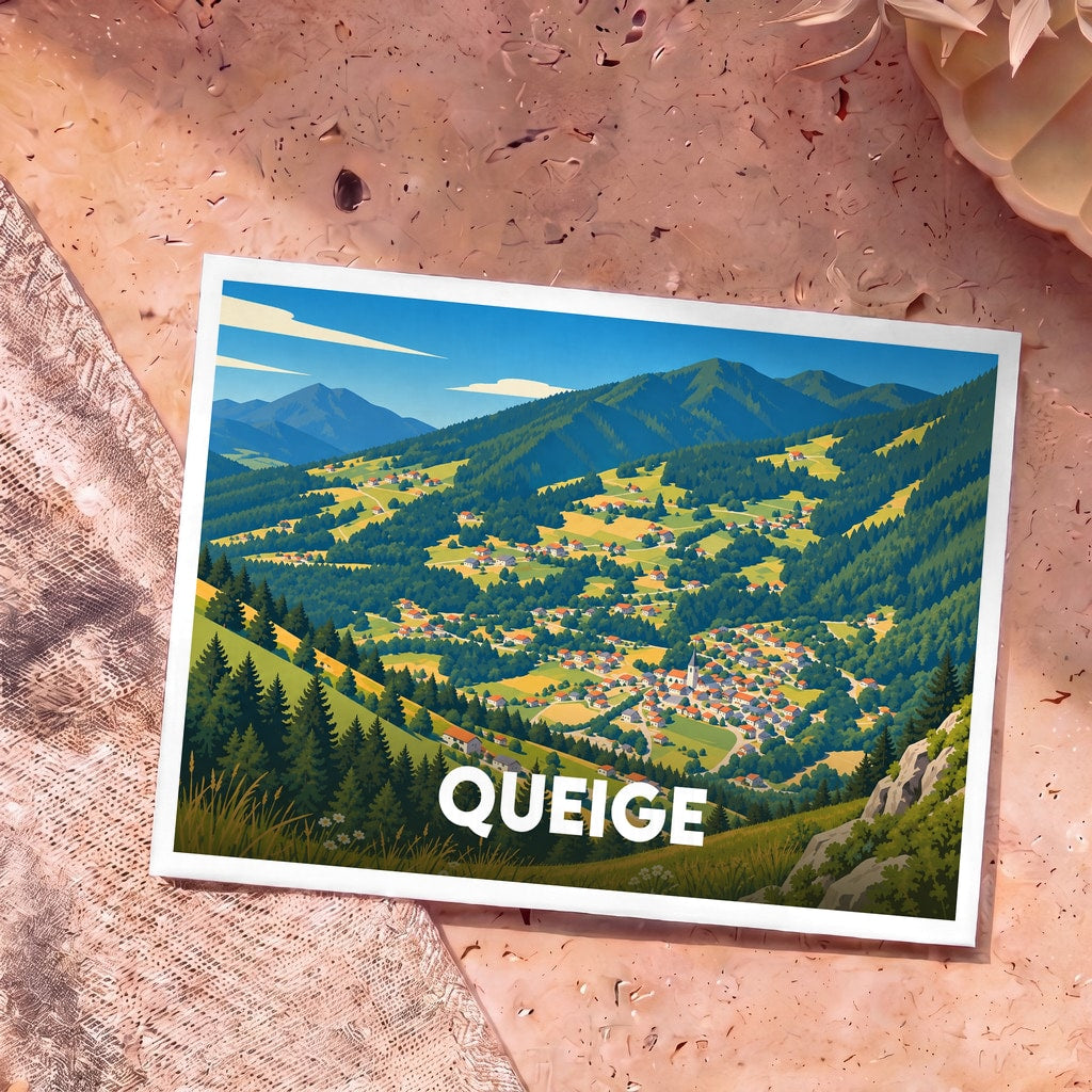 Carte postale souvenir de la ville de Queige avec une illustration stylisée d'un village de montagne.