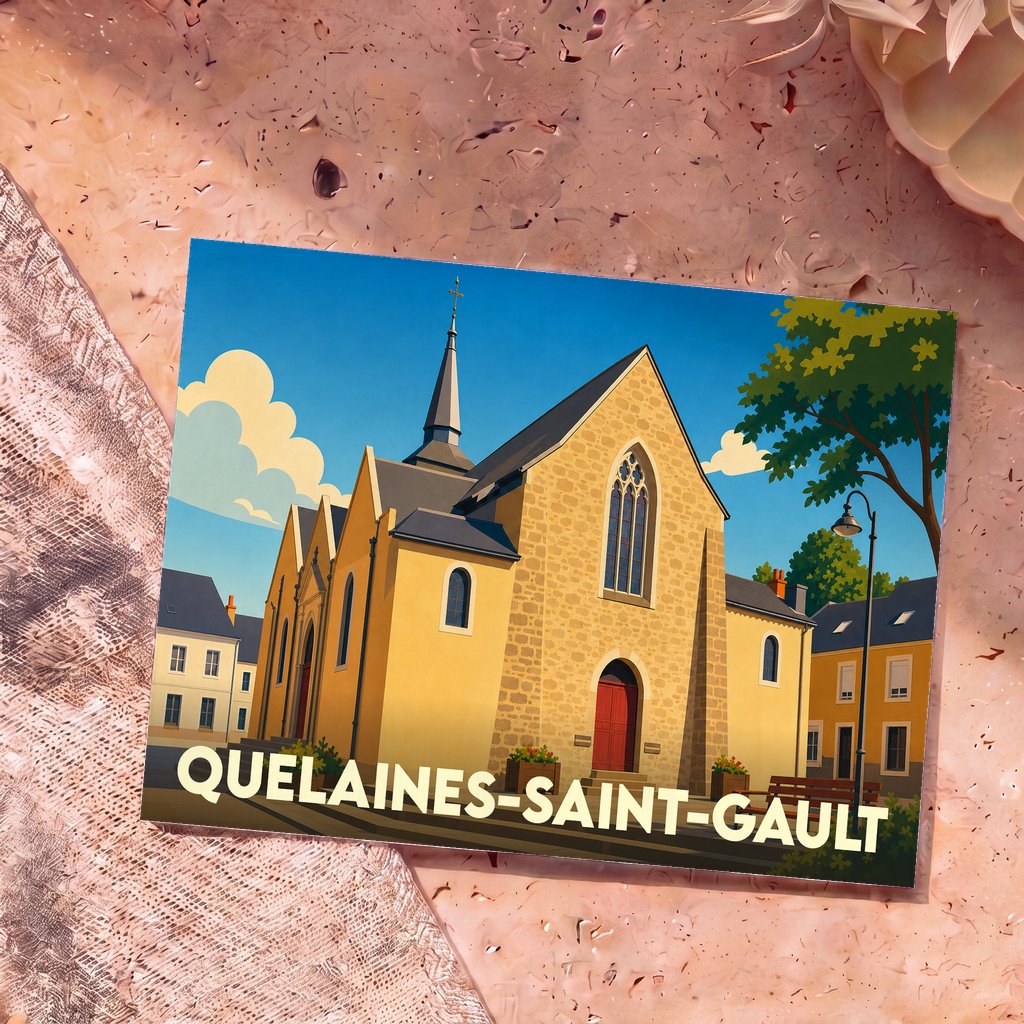 Carte postale souvenir de Quelaines-Saint-Gault avec une illustration stylisée de son église sous un ciel bleu.