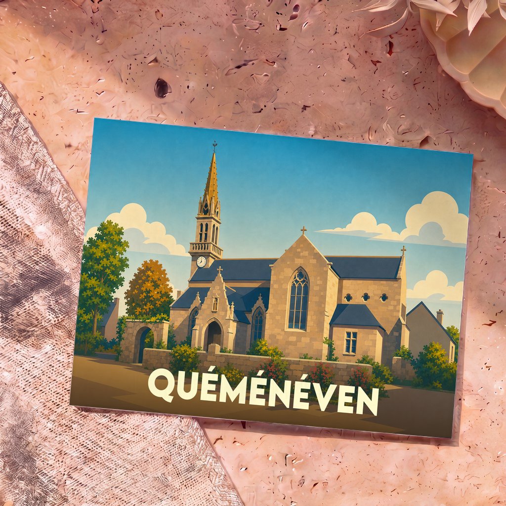 Carte postale souvenir de la ville de Quéménéven illustrant son église dans un style graphique et épuré.