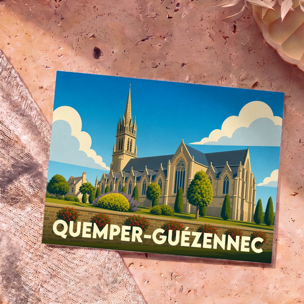 Carte postale souvenir de la ville de Quemper-Guézennec illustrant son église dans un style graphique épuré.