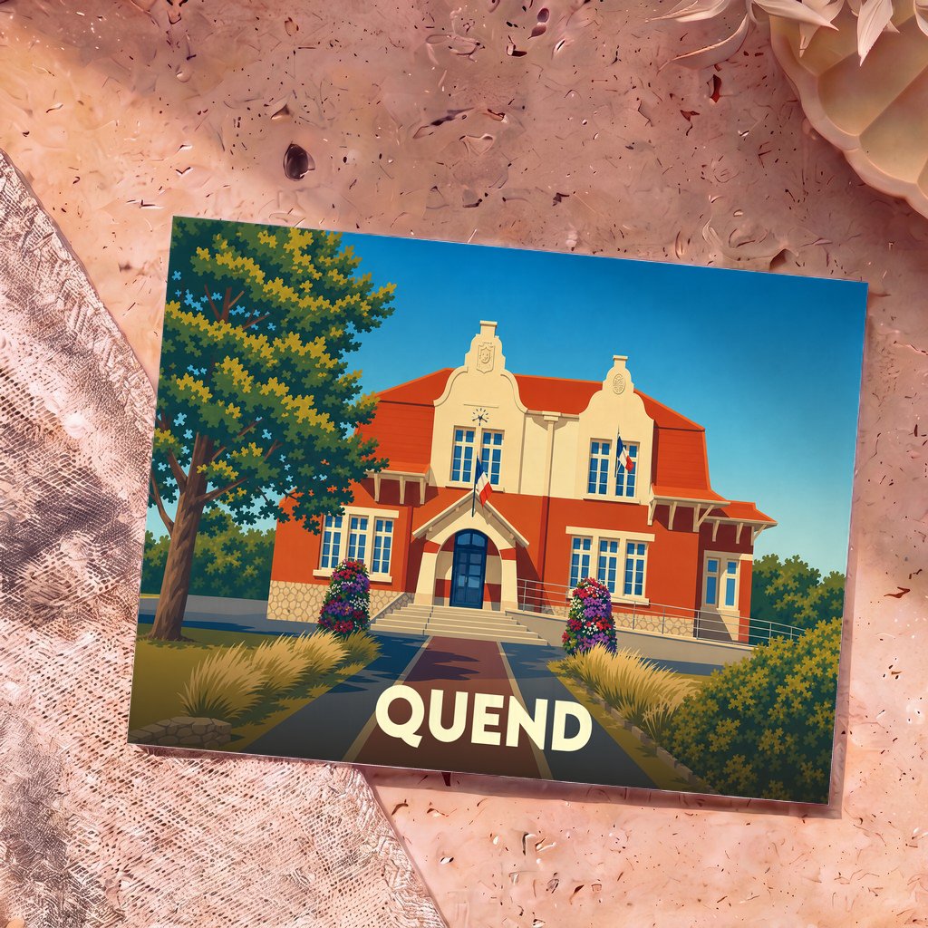 Carte postale souvenir de la ville de Quend avec une illustration stylisée de son hôtel de ville.