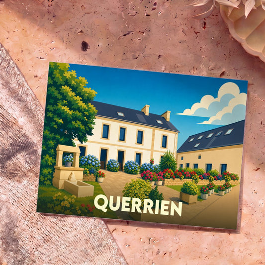Carte postale souvenir de la ville de Querrien illustrée d'une scène de village colorée et fleurie.